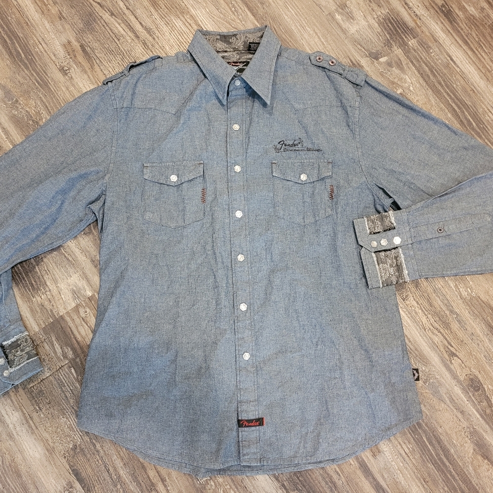 Fender Custom Shop Shirt Mens XL Blue Button Up Rock Roll Religion. Exc. - Picture 2 of 10